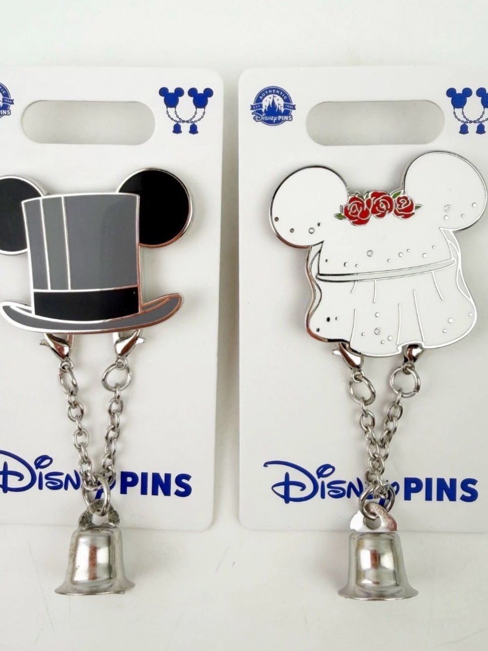Disney Parks Mickey Minnie Mouse Bride Groom Top Hat Wedding Bell 2 Pin Set NWT